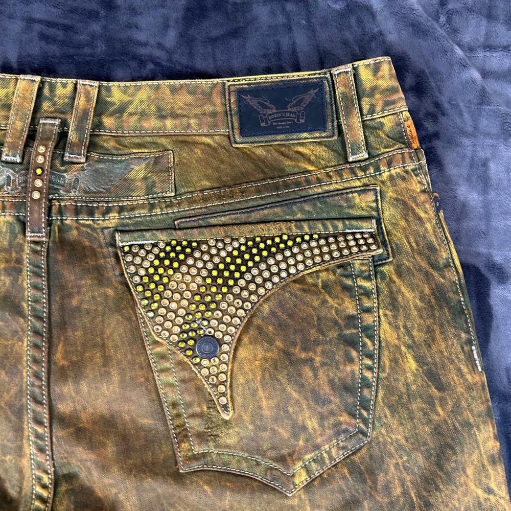 Robin's Jean Denim Jeans Mens 40 Yellow Acid Wash Studded Wing Distressed - Picture 11 of 14